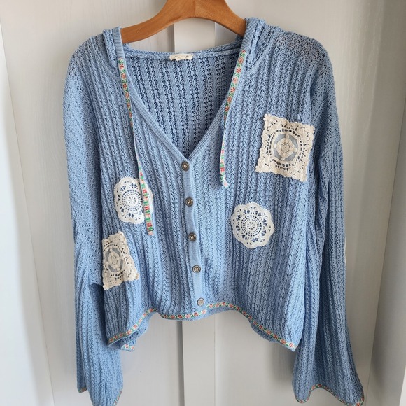 POL Lace Doily Patch Crochet Hooded Grannycore Cardigan RARE Sweater Blue Size S - Picture 3 of 11